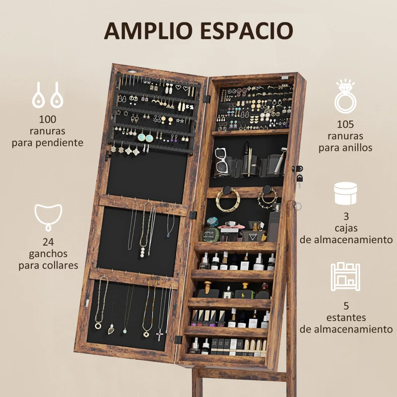 HOMCOM Espejo Joyero con Luces LED Inclinado en 3 Ángulos Cierre Magnético Cerradura con 2 Llaves Marrón Rústico