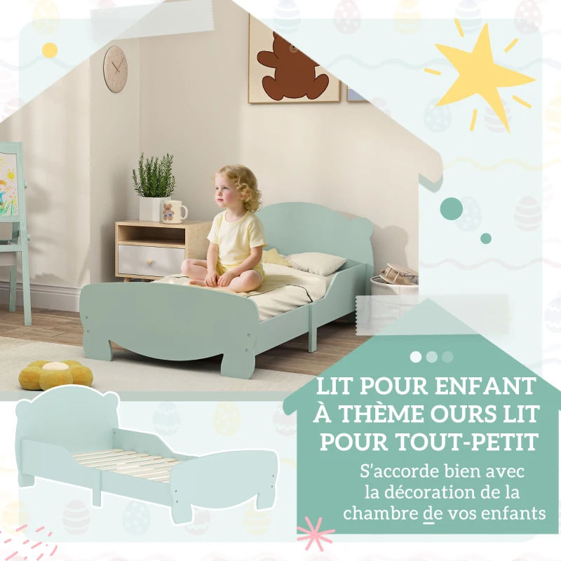 AIYAPLAY Lit enfant 70x140 cm avec barrières de sécurité thème d'ours pour garçons, filles, âgés de 3 à 6 ans, vert