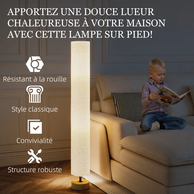 HOMCOM Lampadaire sur pied de salon avec abat-jour en lin, interrupteur à pied, 2 x douille E27, 120 cm, gris