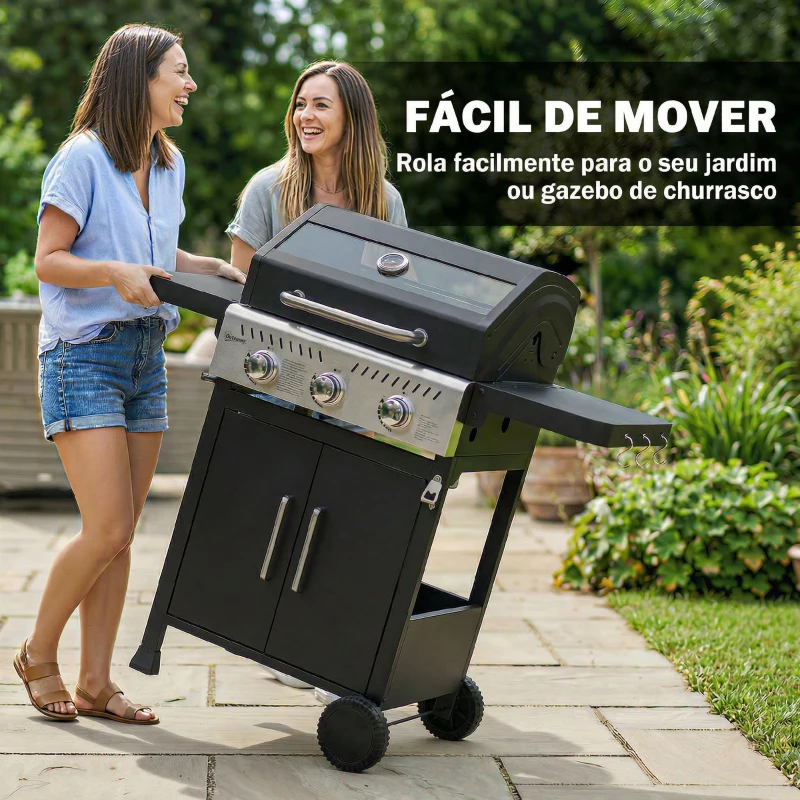 Outsunny Barbecue a Gás Portátil com 3 Queimadores 7,5 kW Termómetro Mesas Laterais Dobráveis Armário Grelha Aquecedora Chapa 125x57x110 cm Preto