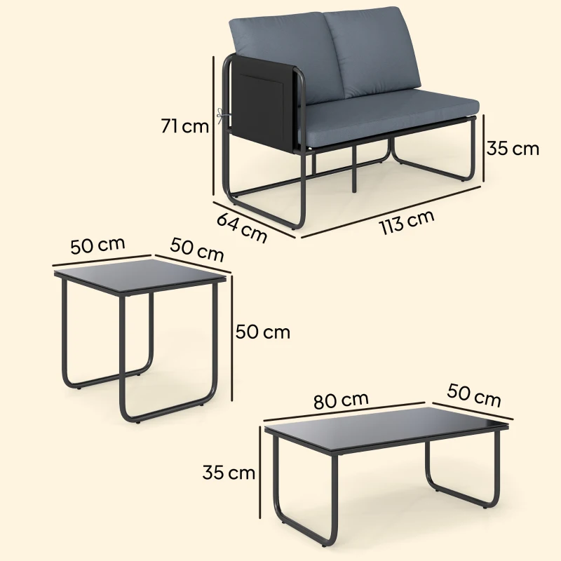 Outsunny Conjunto de Jardim de 4 peças Móveis de Exterior com 2 Sofás de 2 Lugares 2 Mesas de Vidro Almofadas Capas Removíveis Cinza