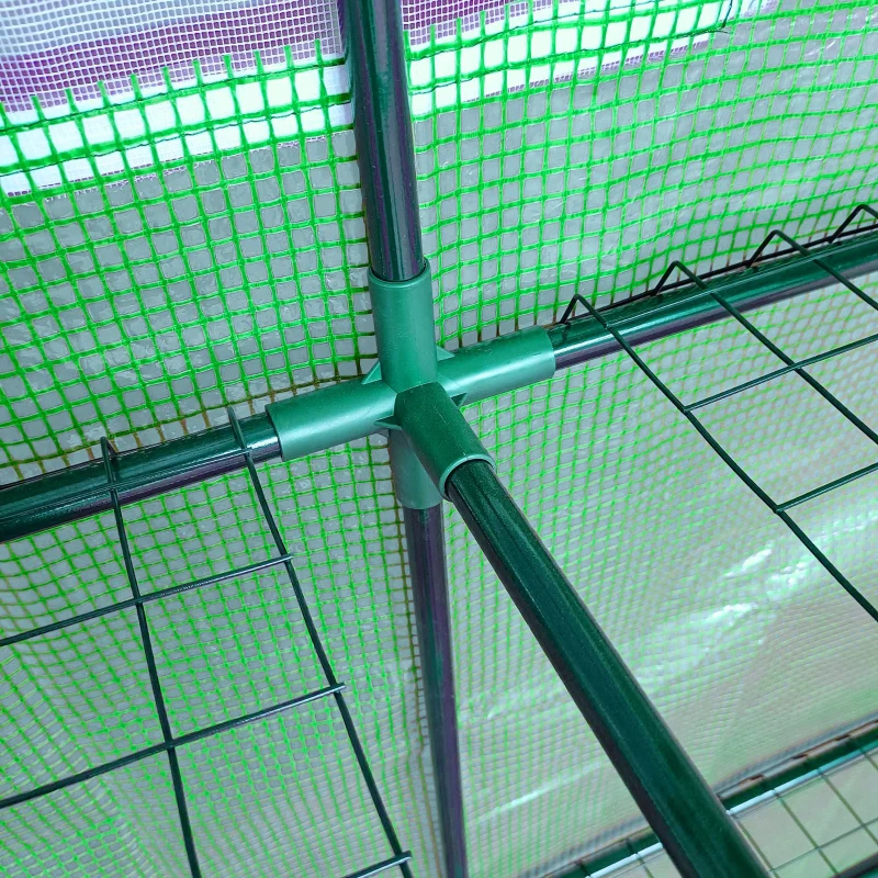 Outsunny Lean to Wall Greenhouse with 2 Tiers 4 Wired Shelves, Walk-In Plant Shelter with Mesh Windows and Doors, 200L x 100W x 215Hcm, Green