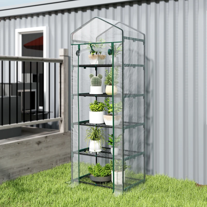 Outsunny Mini Serra da Giardino e Terrazza per Piante a 5 Ripiani in Acciaio con Copertura in PVC, 69x49x193 cm, Verde