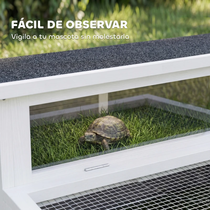 PawHut Casa para Tortugas de Madera Terrario para Reptiles Ventana Transparente Techo Abatible 113x106,5x44,5 cm Gris Oscuro