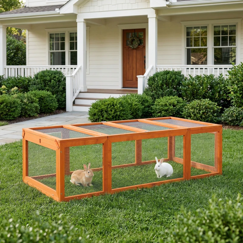 PawHut Jaula para Conejos Grande Casa para Animales Pequeños Conejera Exterior de Madera 180x90x48 cm Natural