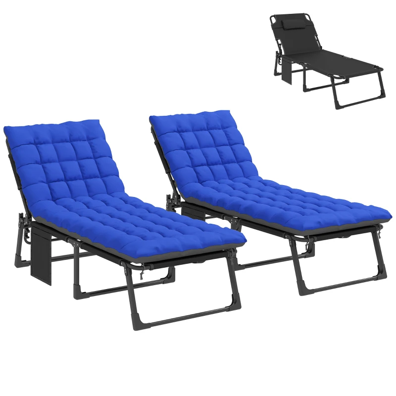 Outsunny Set de 2 Tumbonas Plegables con Reposacabezas Cojines Bolsillo Lateral y Respaldo Reclinable 5 Posiciones Azul