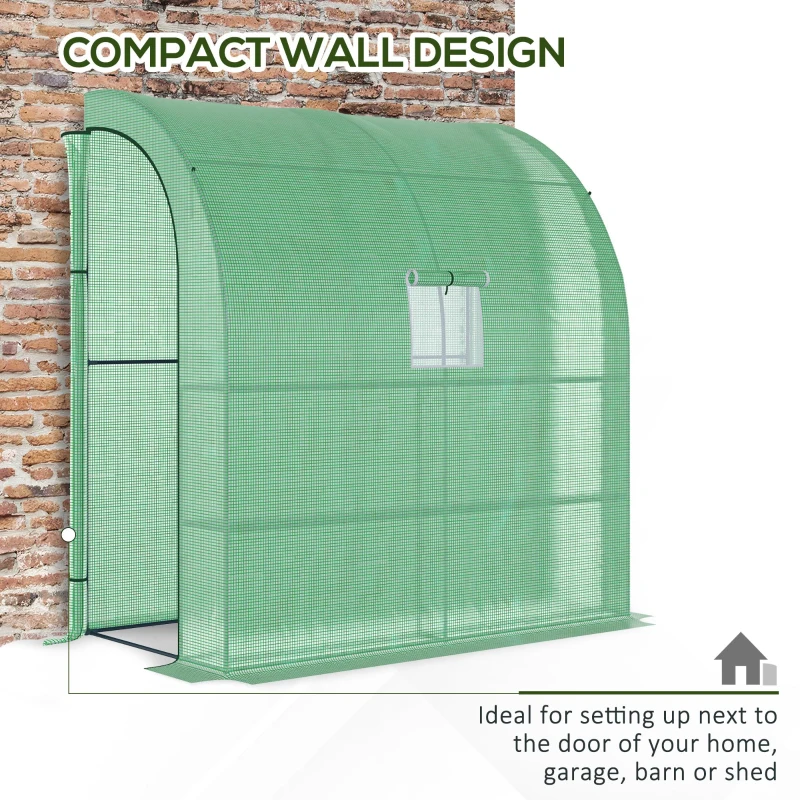 Outsunny Lean to Wall Greenhouse with 2 Tiers 4 Wired Shelves, Walk-In Plant Shelter with Mesh Windows and Doors, 200L x 100W x 215Hcm, Green
