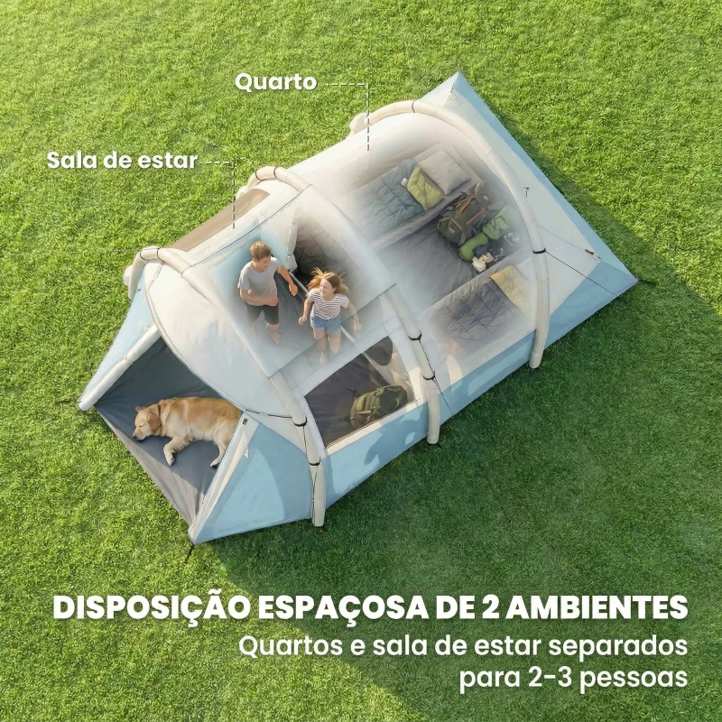 Outsunny Tenda de Campismo Insuflável 2-3 Pessoas com Bomba Quarto e Área de Estar Impermeável 3000 mm Montagem Rápida Azul Claro