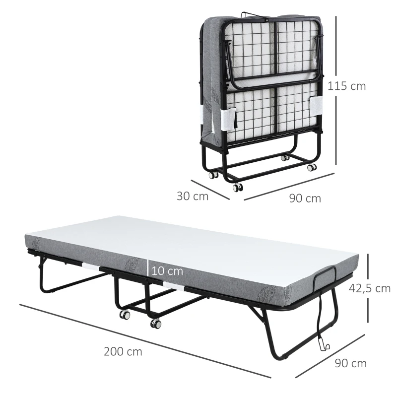 HOMCOM Cama Plegable 200x90 cm con 4 Ruedas, Cama de Camping Portátil, con Colchón Individual de 10 cm, Marco de Acero, Carga 150 kg, para Dormitorio, Salón, Oficina, Blanco