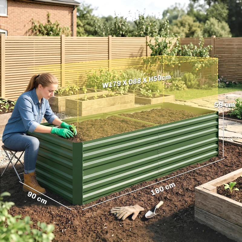 Outsunny Raised Beds for Garden, Galvanised Steel Outdoor Planters with Multi-reinforced Rods, 180 x 90 x 59 cm, Green