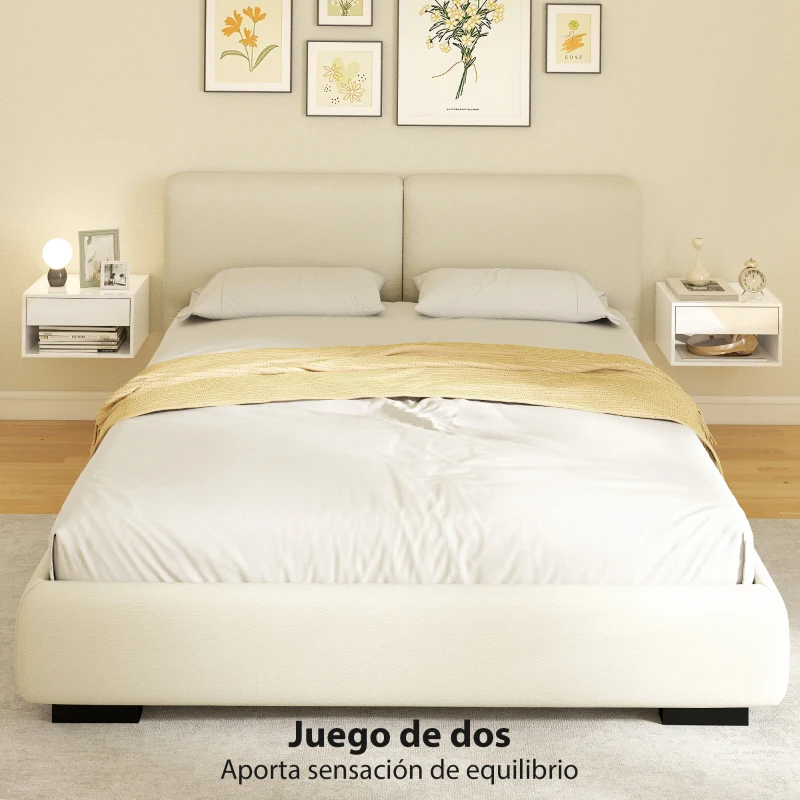 HOMCOM Juego de 2 Mesitas de Noche Flotantes Mesillas de Noche con Cajón y Estante Abierto 37x32x21 cm Blanco Brillante