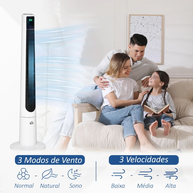 HOMCOM Ventoinha de Torre Silenciosa 50W com Controlo Remoto 3 Velocidades 3 Modos Temporizador 12H Oscilação 40° Branco