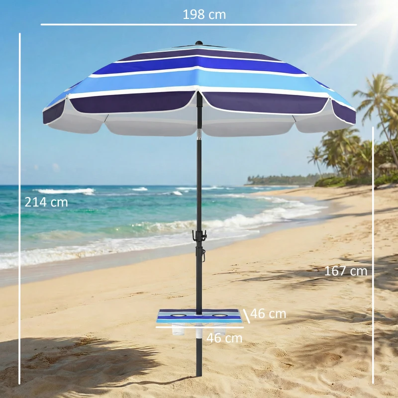 Outsunny Sombrilla de Playa con Mesa Plegable y Portavasos Ø198 cm Altura Ajustable Inclinación Bolsa de Transporte Multicolor