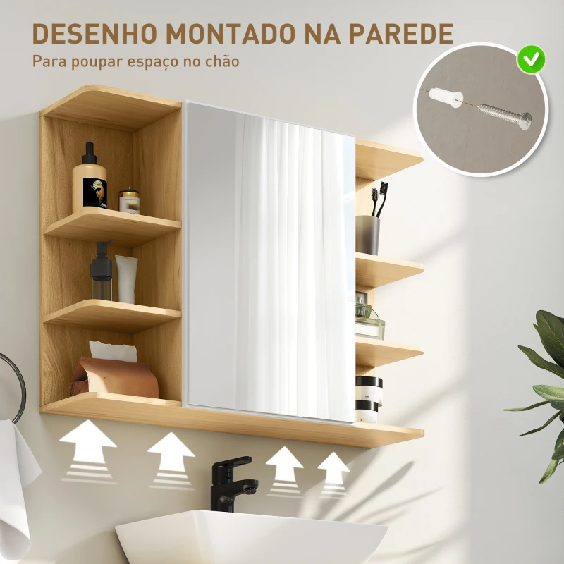 HOMCOM Armário de Casa de Banho com Espelho Armário de Parede Casa de Banho com Porta Prateleiras Abertas 80x20x59 cm Madeira