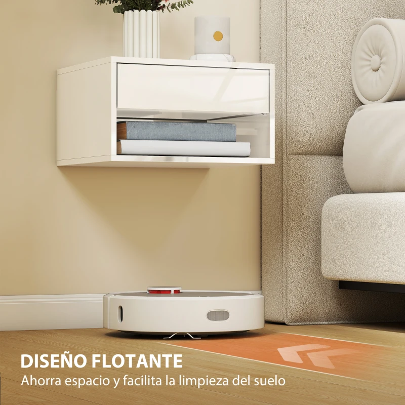 HOMCOM Juego de 2 Mesitas de Noche Flotantes Mesillas de Noche con Cajón y Estante Abierto 37x32x21 cm Blanco Brillante