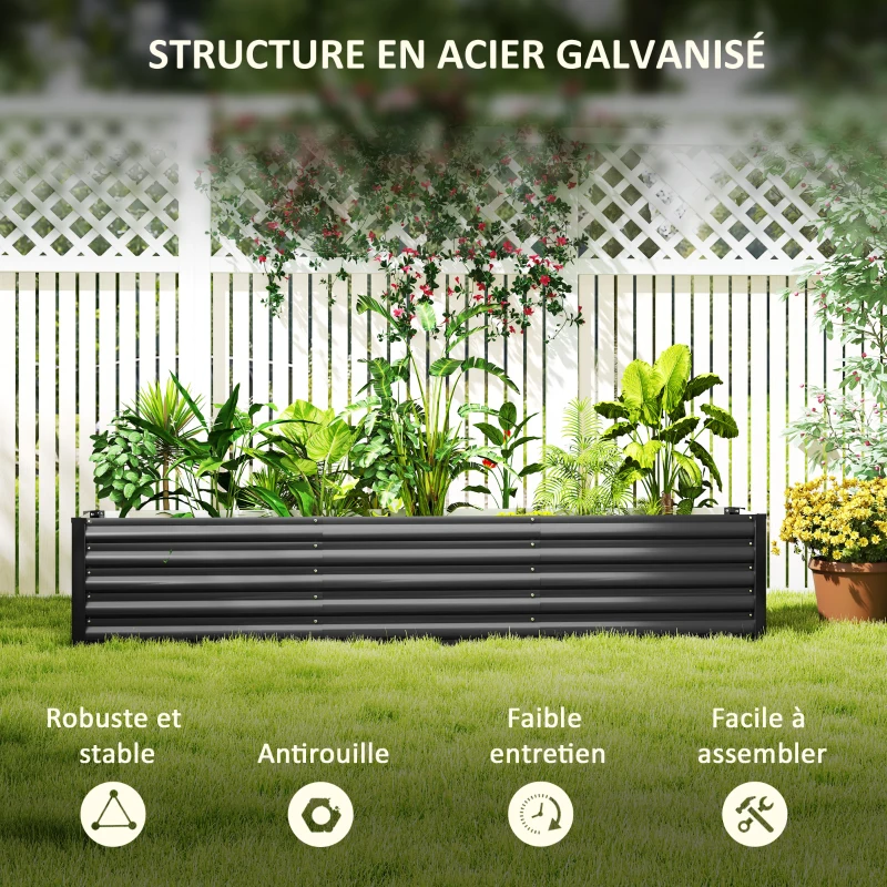Outsunny Carré potager potager surélevé en acier galvanisé barres de soutien et plaques d'angle fond ouvert 240 x 40 x 45 cm gris foncé