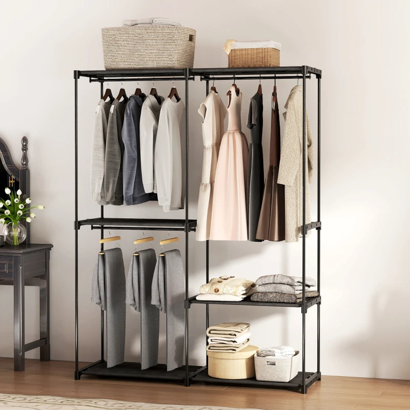 HOMCOM Armoire de rangement, penderie portable avec 3 barres de suspension et 4 étagères, 142 x 43 x 185 cm, noir