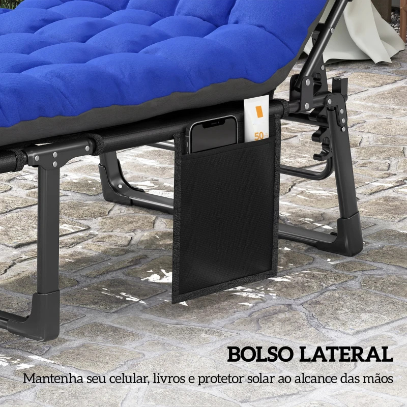 Outsunny Conjunto de 2 Espreguiçadeiras Dobráveis com Apoio de Cabeça, Almofadas, Bolso Lateral e Encosto Reclinável em 5 Posições Azul