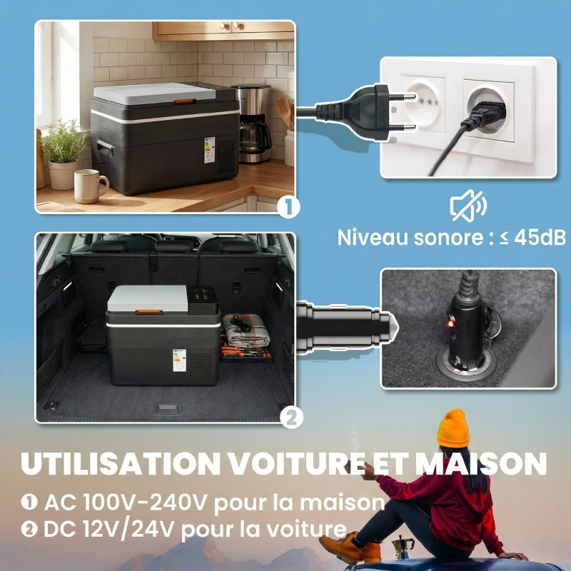 Outsunny Glacière Électrique Voiture 30L, Contrôle via Application, Modes MAX & ECO, 12V/240V, -20 à 20 °C, 62,3x37,8x37cm, Noir