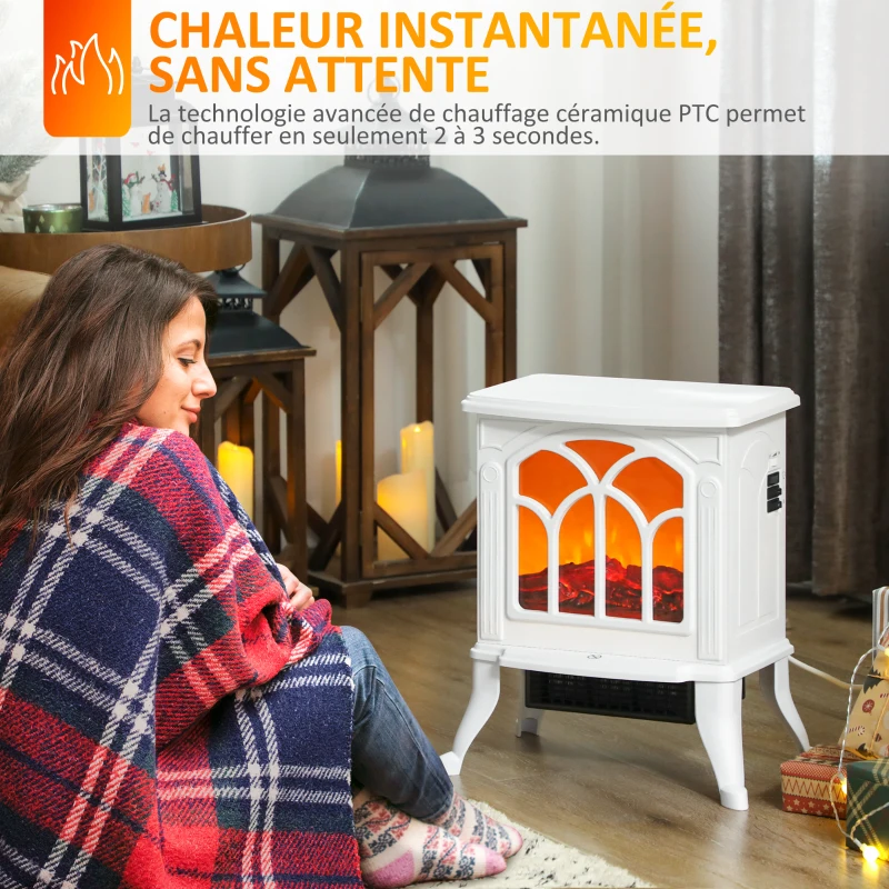 HOMCOM Cheminée électrique sur pied 750/1500 W, fausse cheminée décorative avec effet flamme LED, 37,3 x 23,1 x 44 cm, blanc