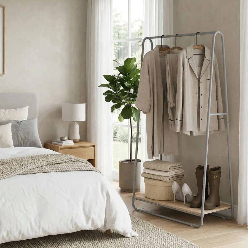 HOMCOM Charriot com Prateleira para Sapatos Barras Superior e Laterais Estrutura de Metal 80x44x140 cm Madeira e Cinza