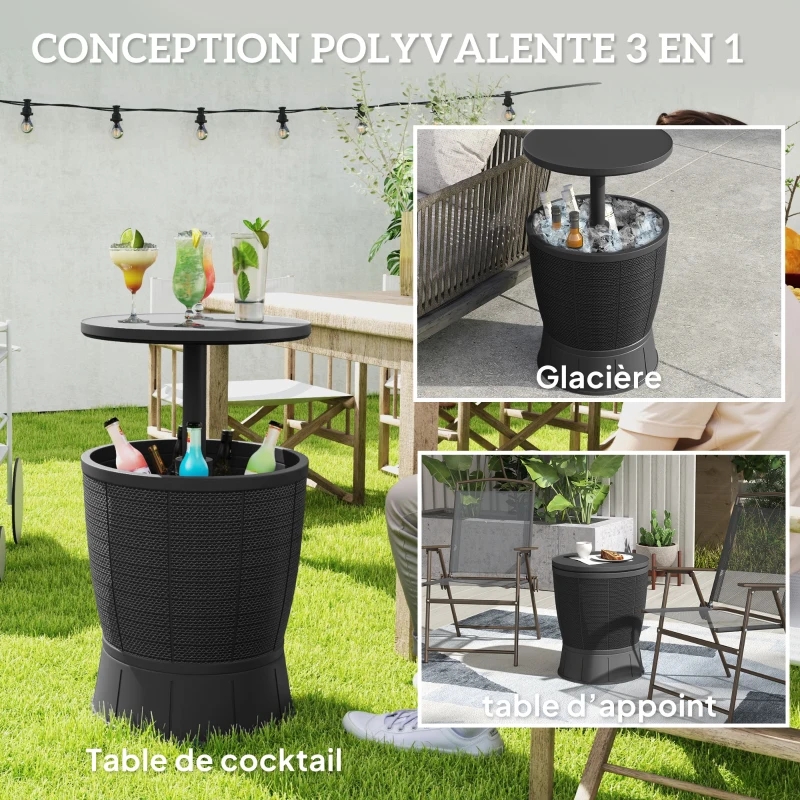 Outsunny Table à glacière 3 en 1, table de cocktail avec seau à glace, plateau télescopique pour jardin, Ø 49 x 58-84 cm, noir