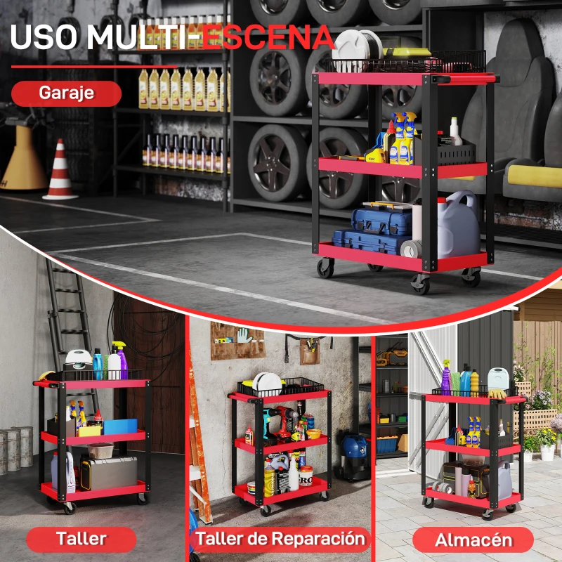 HOMCOM Carro de Herramientas con 3 Estantes Ruedas y Asas para Garaje Mecánico Hogar Carga 120 kg Rojo y Negro