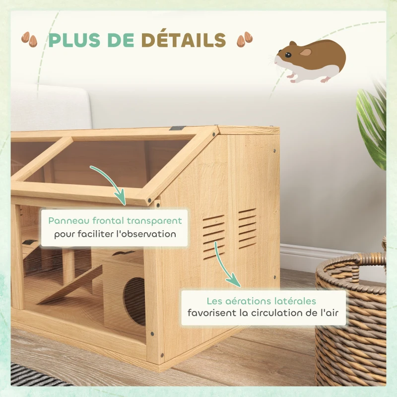 PawHut Cage hamster en bois habitat grand pour rongeur ventilation couvercle ouvrant et accessoires 85x45x44cm bois naturel