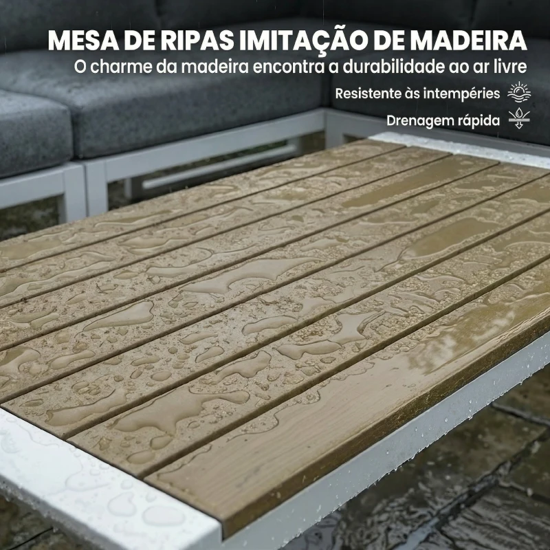 Outsunny Conjunto de Jardim de 4 Peças Sofá Exterior Seccional em L com 3 Sofás de 2 Lugares Assento em Textilene Mesa com Bancada Efeito Madeira WPC Cinza Claro e Branco
