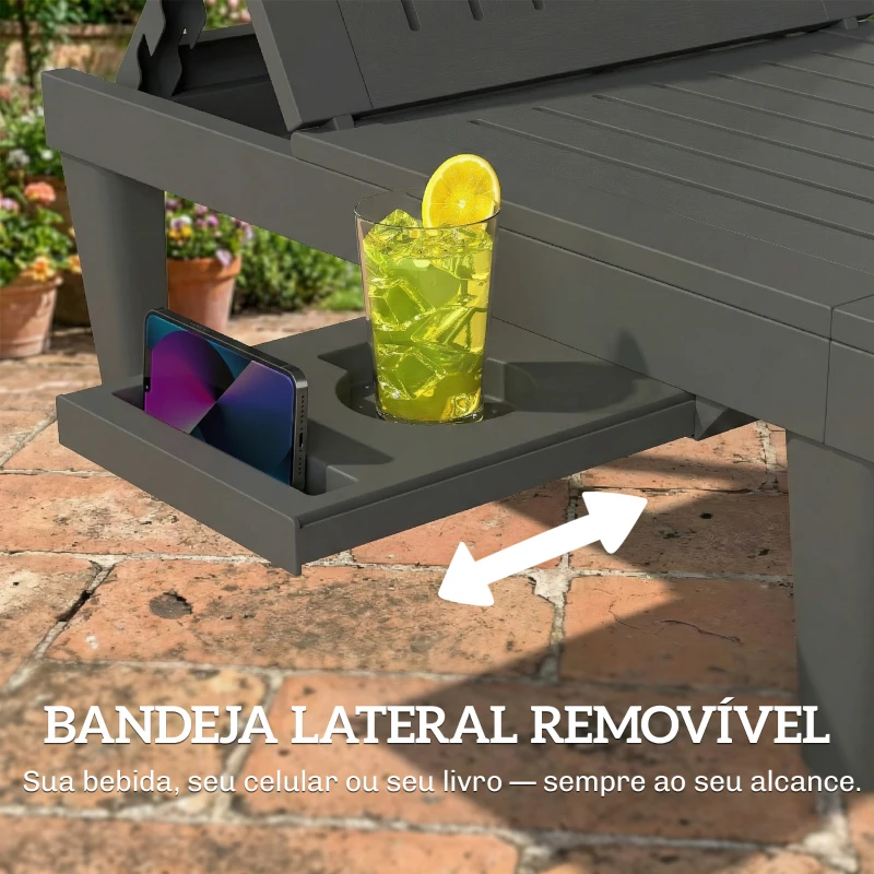 Outsunny Conjunto de 2 Espreguiçadeiras Reclináveis de Plástico PP com Bandeja Lateral Encosto Ajustável em 5 Posições 192x57x28,5 cm Cinzento