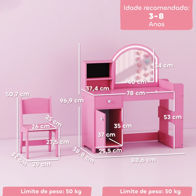 AIYAPLAY Toucador de Maquilhagem Infantil com Banquinho e Espelho com Luzes LED 1 Gaveta Armário e 5 Prateleiras Rosa