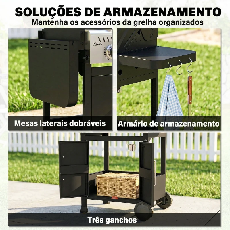 Outsunny Barbecue a Gás Portátil com 3 Queimadores 7,5 kW Termómetro Mesas Laterais Dobráveis Armário Grelha Aquecedora Chapa 125x57x110 cm Preto