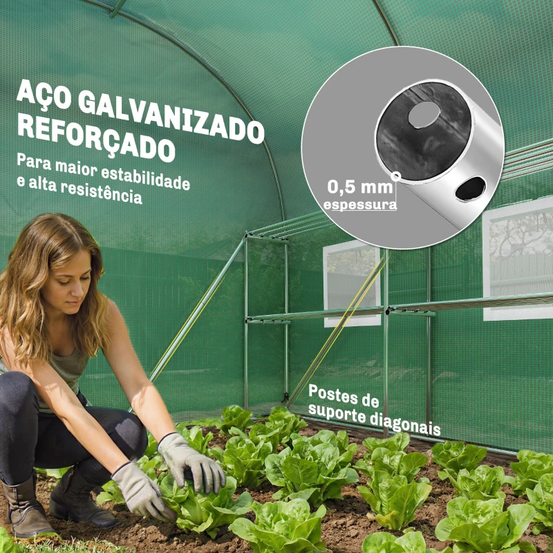 Outsunny Estufa Tipo Túnel 2,8x2x1,9 m com Prateleiras Estufa de Jardim com Porta Enrolável, 6 Janelas de Rede Verde