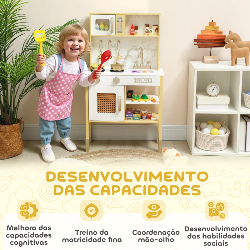 AIYAPLAY Cozinha de Brincar em Madeira com Som Acessórios em Aço Inoxidável Micro-Ondas Forno Lava-Loiças Legumes para Cortar 55x24x96 cm Dourado