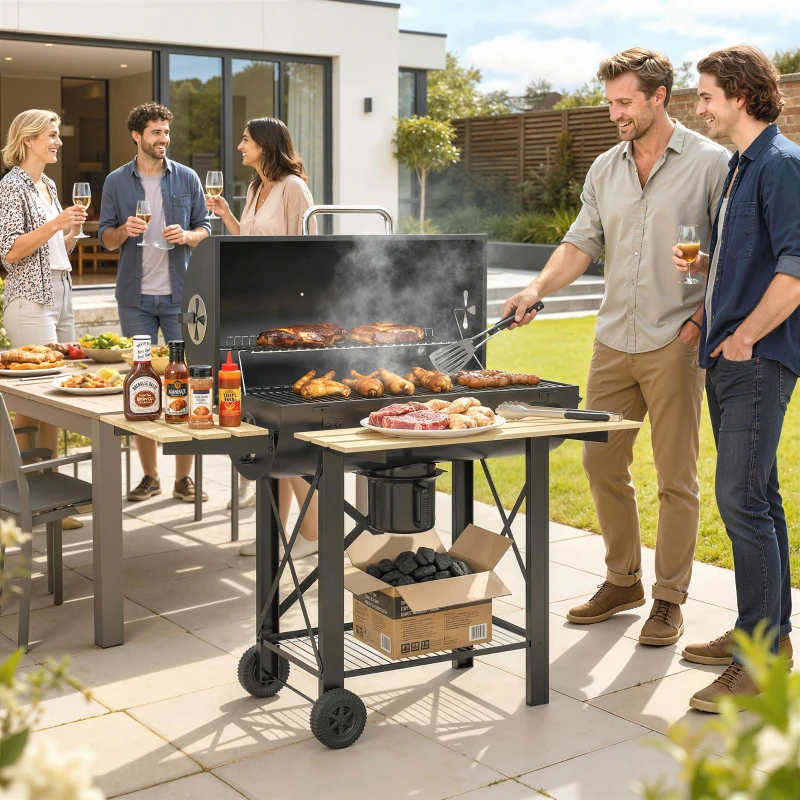 Outsunny Barbecue Charbon de Bois Chariot Grill de Jardin avec Couvercle Fumoir Tablette Pliable en Bois 109 x 71 x 98 cm Noir