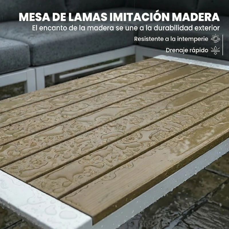 Outsunny Conjunto de Jardín Exterior con Cojines 3 Sofás de 2 Plazas Mesa con Tablero Efecto Madera WPC y Cojines Gris y Blanco
