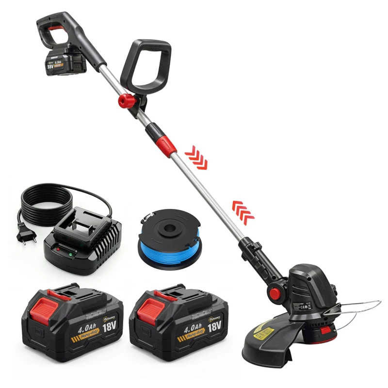 Outsunny Desbrozadora Batería 18V con 2 Baterías de 4.0Ah y Cargador Barra Ajustable Cabezal y Mango Regulables Plateado