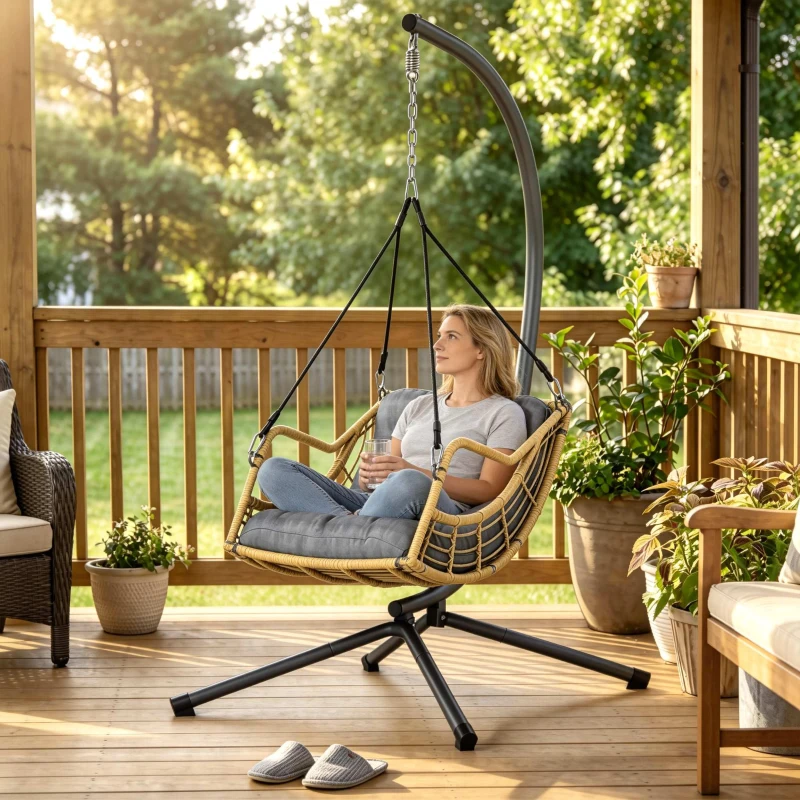 Outsunny Fauteuil suspendu en résine tressée avec support, chaise suspendue, coussin, attache de sécurité, hauteur réglable, gris