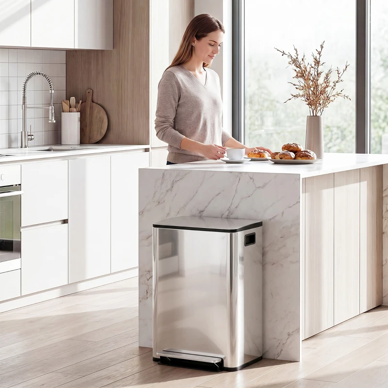 HOMCOM Balde de Lixo de Cozinha com 2 Compartimentos 2x30L Pedal Fechamento Suave e Cubo Amovível  Prata