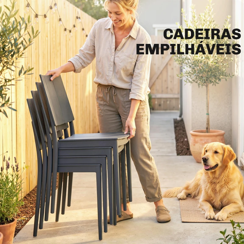 Outsunny Conjunto de Mesa e Cadeiras de Jardim com Mesa de Ripas e 4 Cadeiras Empilháveis para Terraço ou Pátio Cinzento