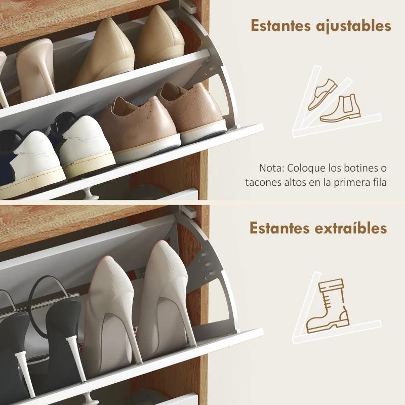 HOMCOM Zapatero Estrecho con 2 Puertas Estantes Ajustables para 12 Pares de Zapatos 60x24,5x75,5 cm Natural y Blanco