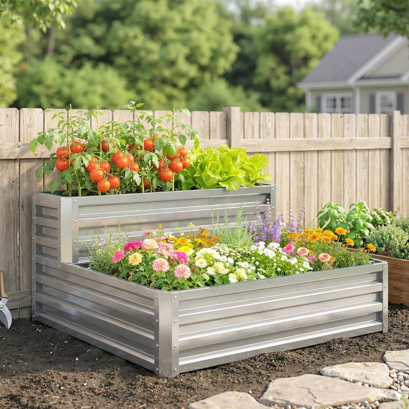 Outsunny Jardinera Exterior de Acero Galvanizado con Diseño de Escalera Base Abierta para Cultivos Plantas 120x101x58 cm Plata