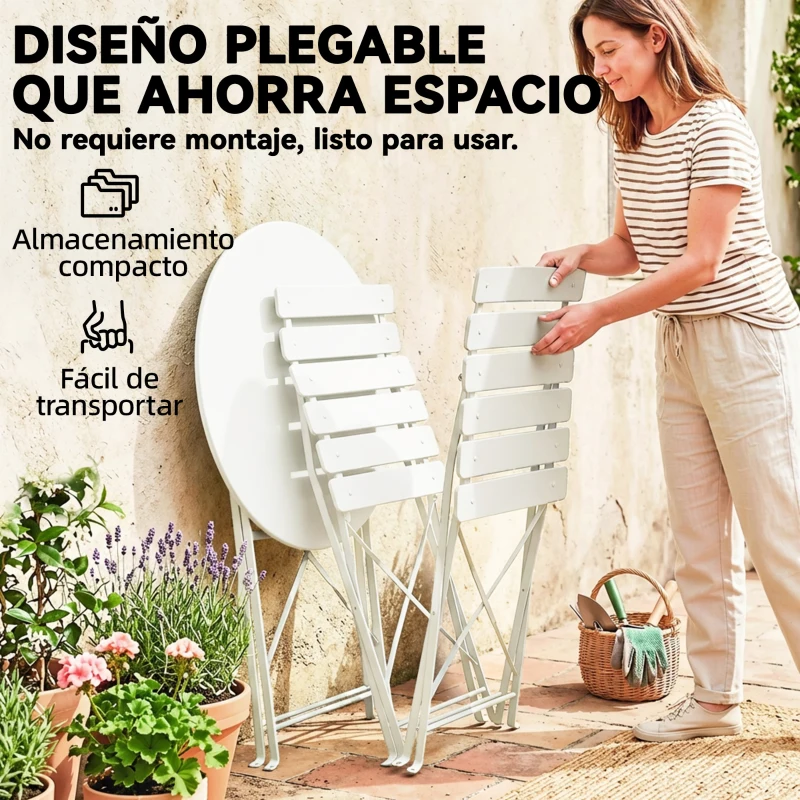 Outsunny Conjunto de Jardín Plegable con 2 Sillas Plegables Mesa Redonda Estructura Metálica Electrofórica para Balcón Crema