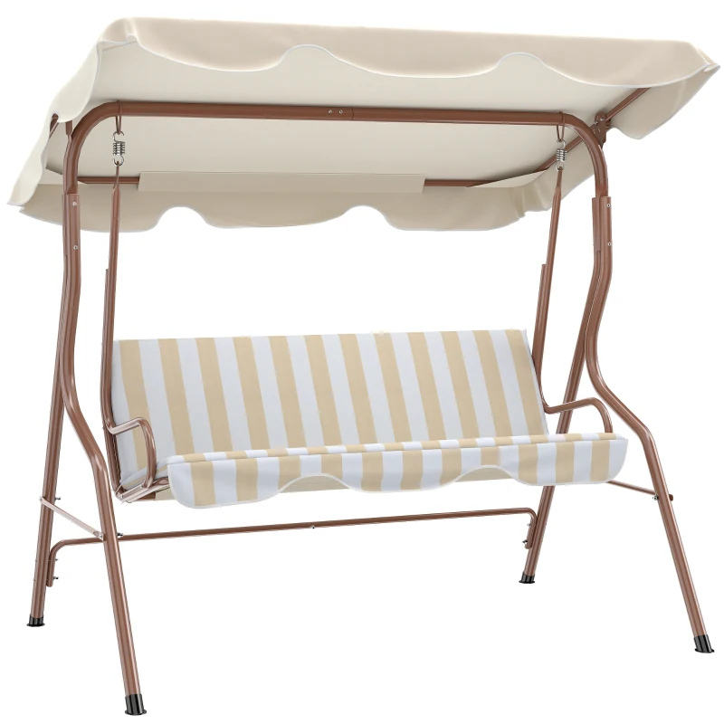 Outsunny Balancelle de Jardin 3 Places Toit imperméabilisé Inclinaison réglable Coussins Assise Dossier marron, crème rayé