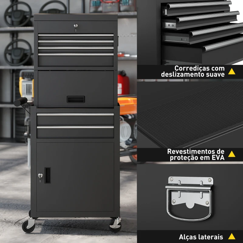 HOMCOM Carrinho de Ferramentas com 6 Gavetas Rodas Painel Lateral Perfurado e Caixa de Ferramentas Desmontável 60,5x33,5x131 cm Preto