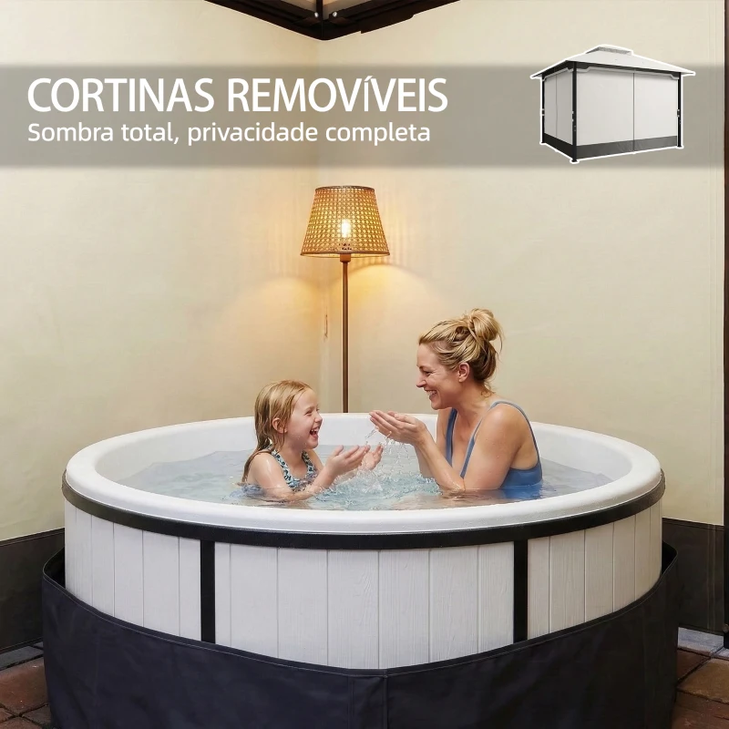 Outsunny Pérgola de Jardim 360x300x279 cm com Duplo Teto 4 Paredes Laterais e Rede Mosquiteira Estrutura Metálica Cinza Claro