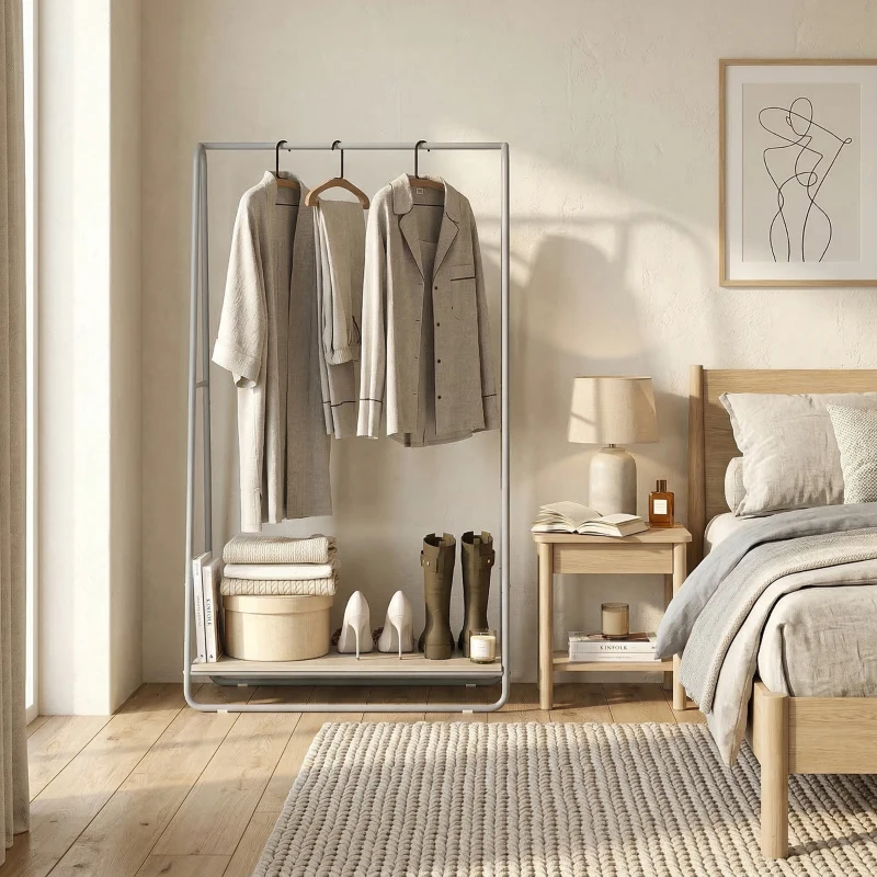 HOMCOM Charriot com Prateleira para Sapatos Barras Superior e Laterais Estrutura de Metal 80x44x140 cm Madeira e Cinza