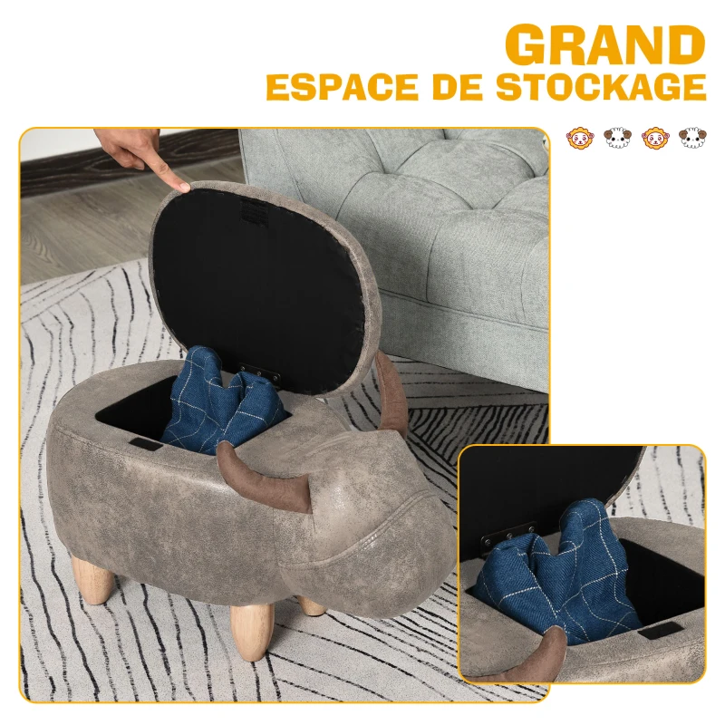 HOMCOM Tabouret Vache - Pouf Vachette - Pouf Taureau Coffre de Rangement 2 en 1 - Pieds Bois d'hévéa revêtement synthétique Aspect Daim Vieilli Marron