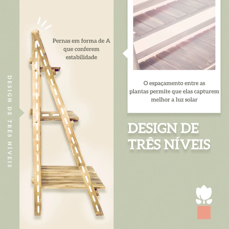 Outsunny Suporte para Plantas de Madeira de 3 Níveis para Interior e Exterior Terraço e Jardim 100x37x93 cm Carbonizado