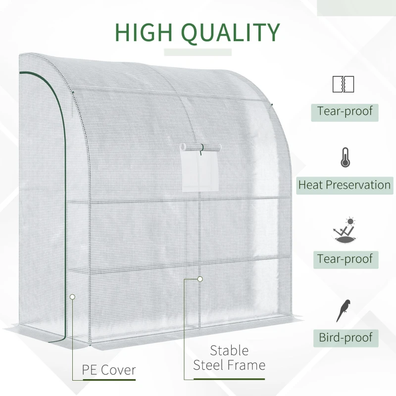 Outsunny Walk-In Lean to Wall Greenhouse - with Windows and Doors, 2 Tiers, 4 Wired Shelves, 200L x 100W x 215H cm, White